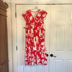 entro Cream Midi Dress with Red Floral Print